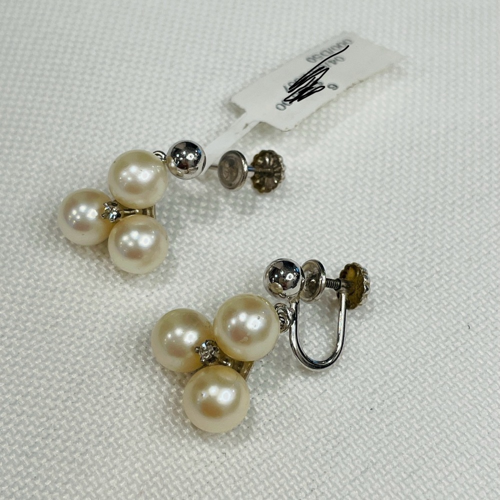 Vintage 14K White Gold Cultured Pearl & Diamond Cluster Drop Dangle  Earrings